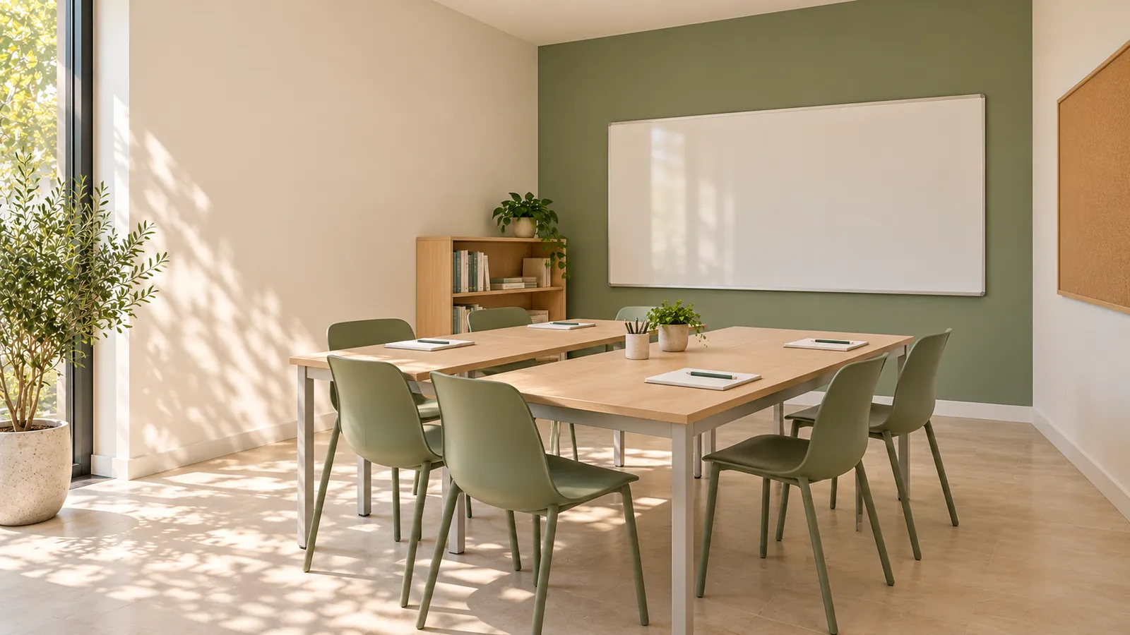 Bright classroom with modular tables and green chairs