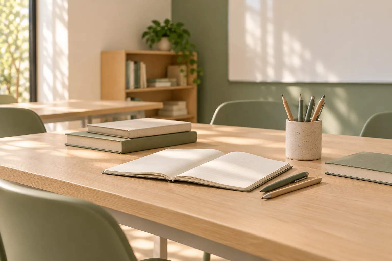 Notebooks and study materials on a classroom table