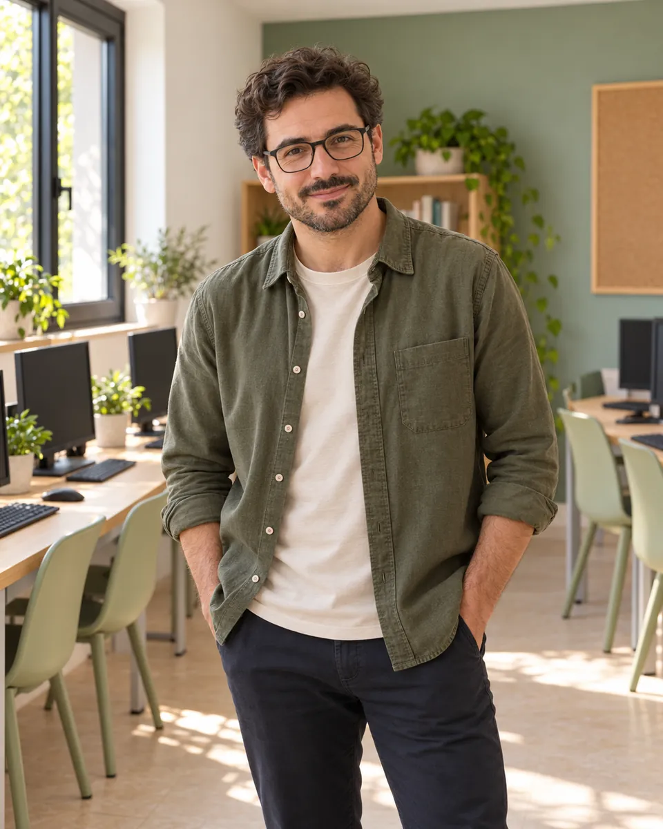 Teacher Daniel with glasses and an olive overshirt