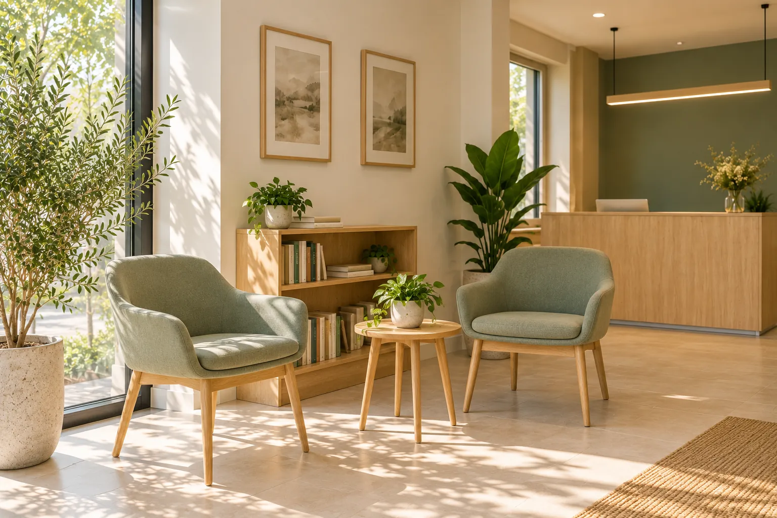 Small study corner with chairs and a bookshelf