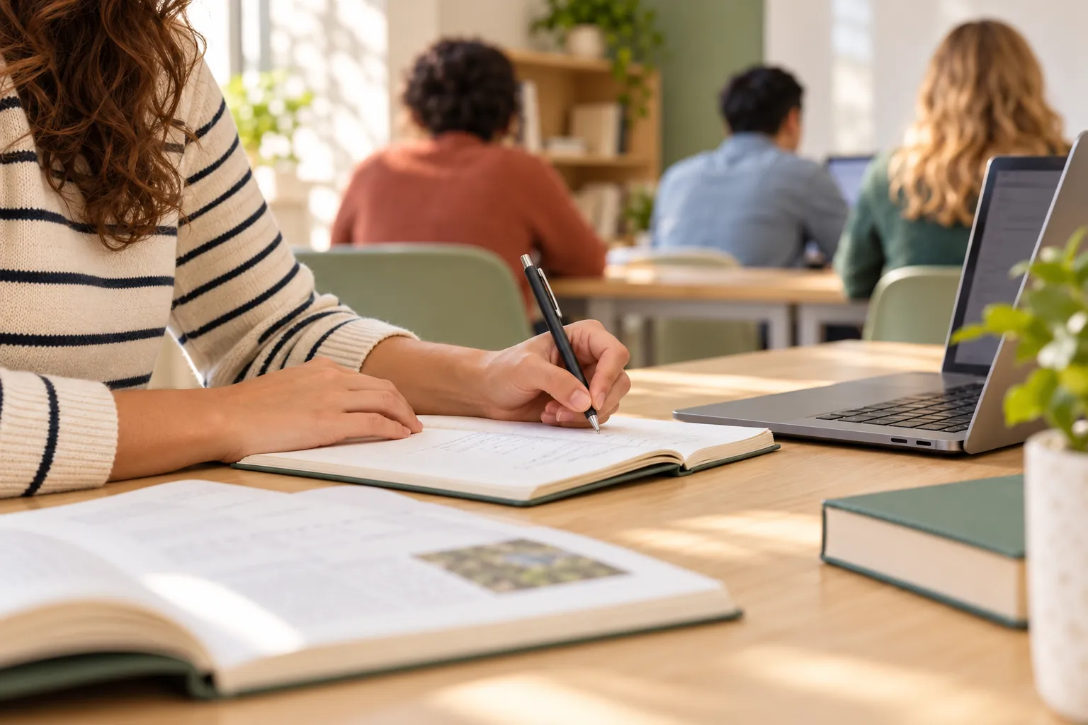 Adult learner taking notes beside a laptop